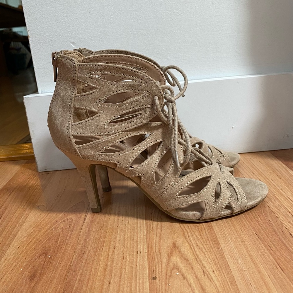 Tan lace up sandals with cutouts Christian Siriano for Payless